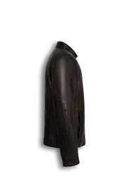 Varenn Men’s leather racer jacket in black with quilted shoulders and stand collar