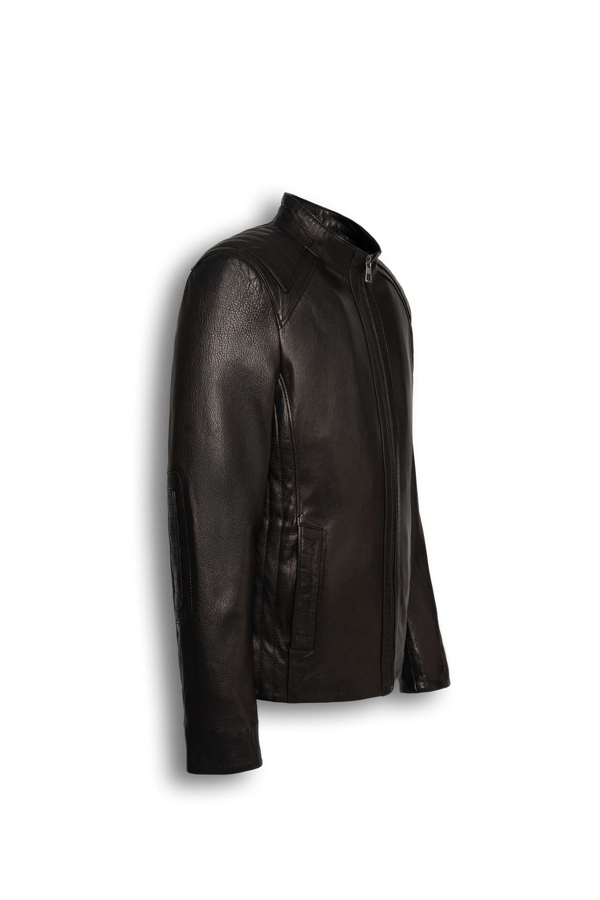 Varenn Men’s Leather Racer Jacket black genuine leather with quilted shoulders and stand collar