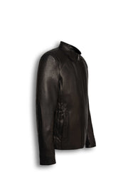 Varenn Men’s Leather Racer Jacket black genuine leather with quilted shoulders and stand collar