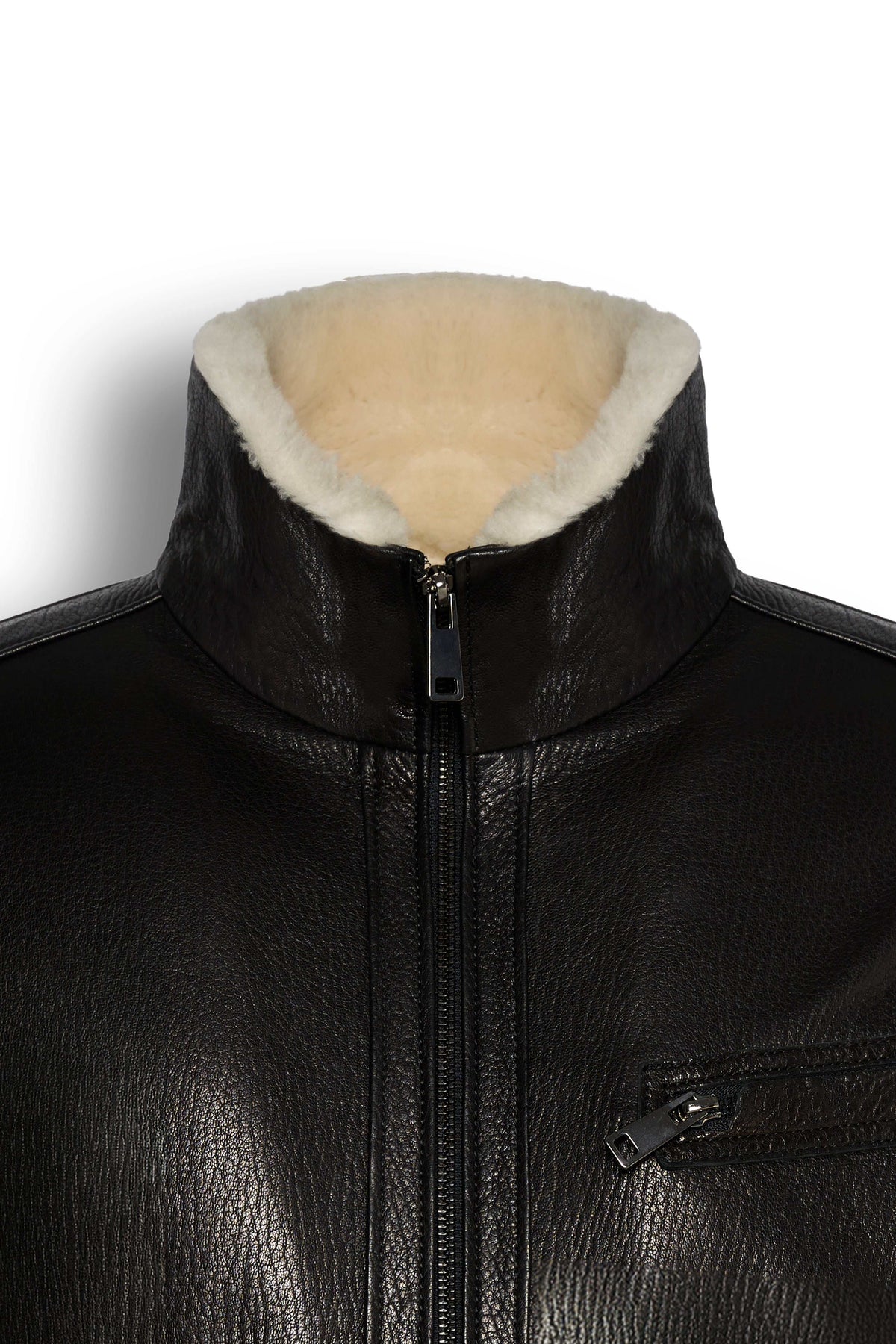 Black Verona Shearling Leather Jacket for men with stand collar and zip closure
