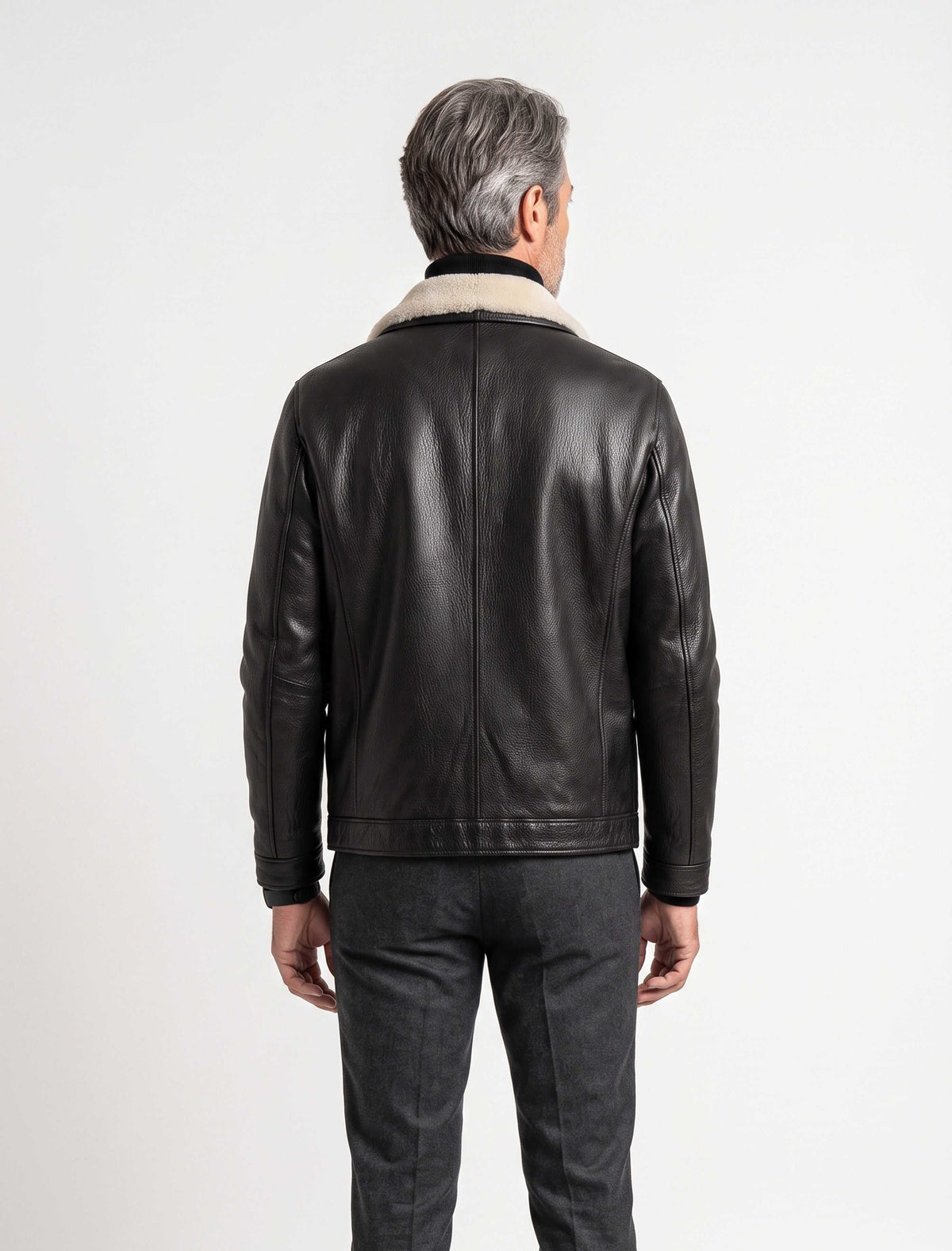 Black Verona Shearling Leather Jacket on mannequin showcasing premium sheepskin and shearling lining