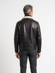 Black Verona Shearling Leather Jacket on mannequin showcasing premium sheepskin and shearling lining