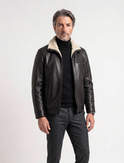 Black Verona Shearling Leather Jacket for men with stand collar and zip pockets