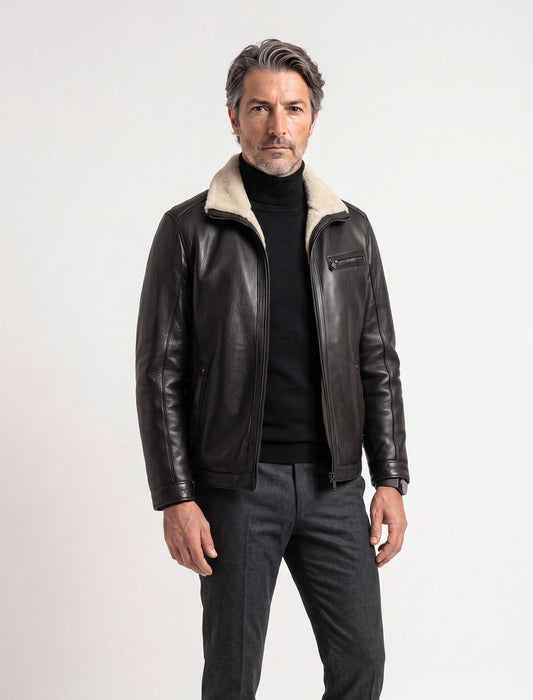 Black Verona Shearling Leather Jacket for men with stand collar and zip pockets