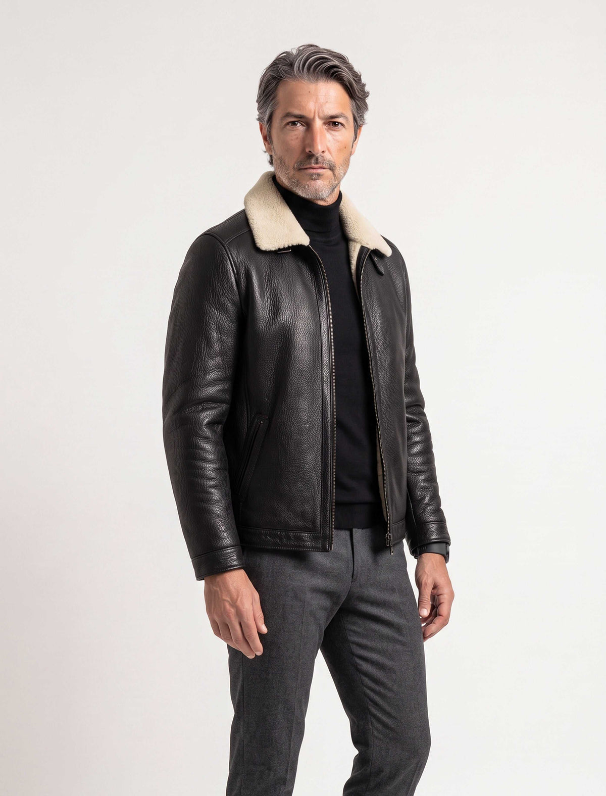 Black Verona Shearling Leather Jacket for men with stand collar and zip closure