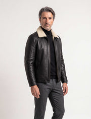 Black Verona Shearling Leather Jacket for men with stand collar and zip closure